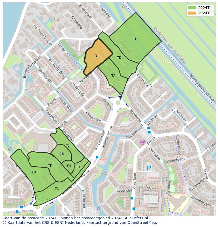 Afbeelding van het postcodegebied 2924 TC op de kaart.