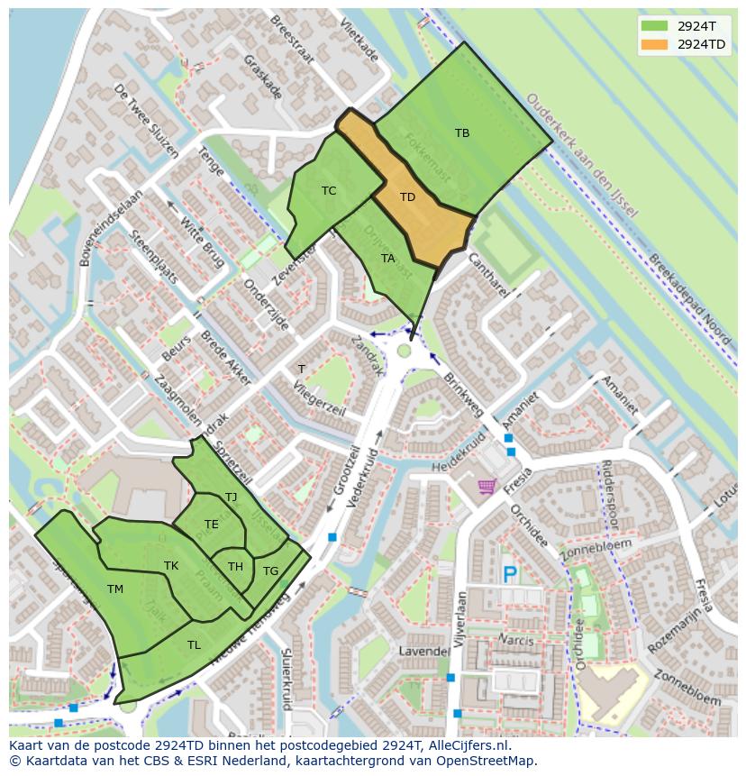 Afbeelding van het postcodegebied 2924 TD op de kaart.