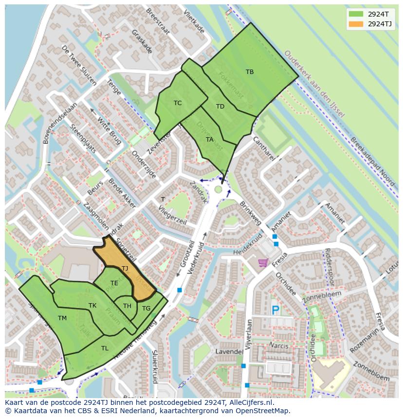 Afbeelding van het postcodegebied 2924 TJ op de kaart.