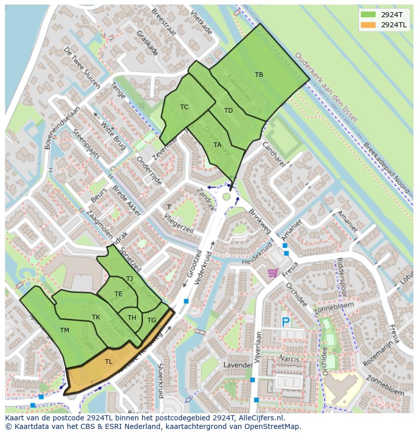 Afbeelding van het postcodegebied 2924 TL op de kaart.