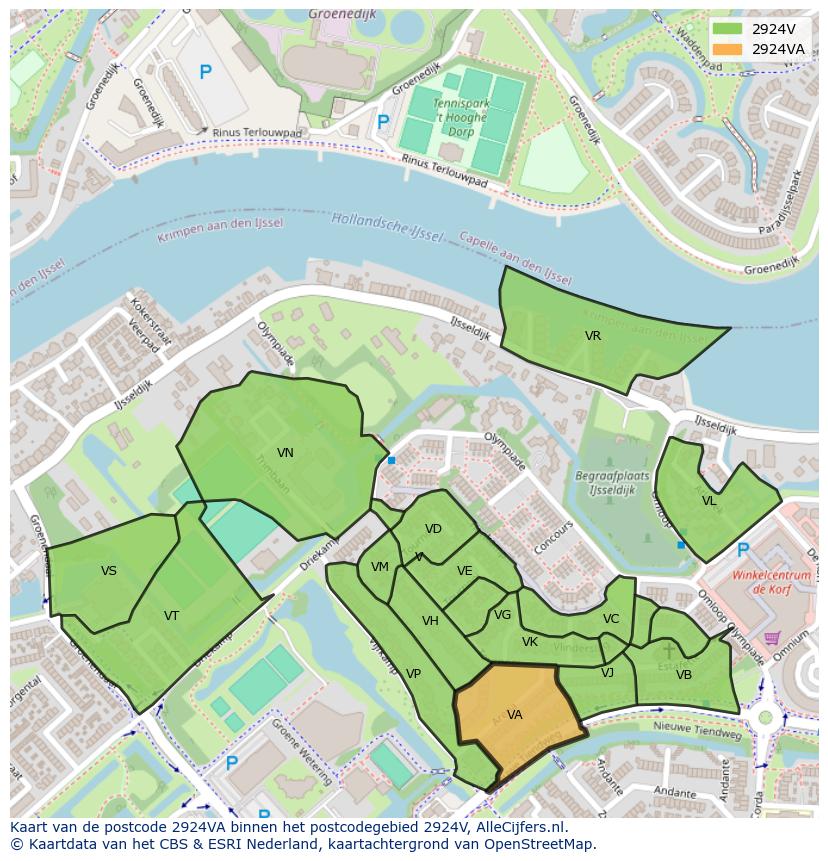 Afbeelding van het postcodegebied 2924 VA op de kaart.