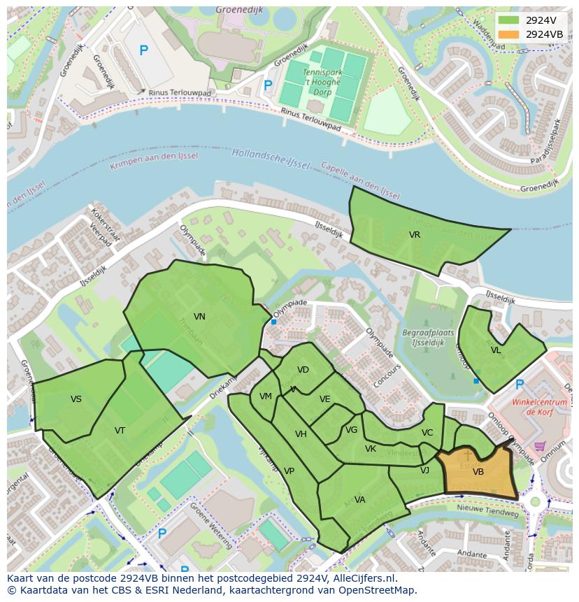 Afbeelding van het postcodegebied 2924 VB op de kaart.