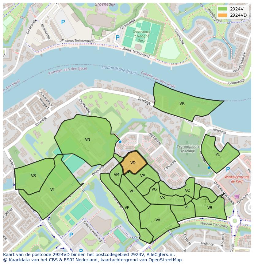 Afbeelding van het postcodegebied 2924 VD op de kaart.
