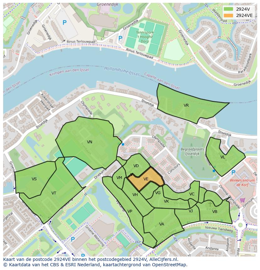 Afbeelding van het postcodegebied 2924 VE op de kaart.