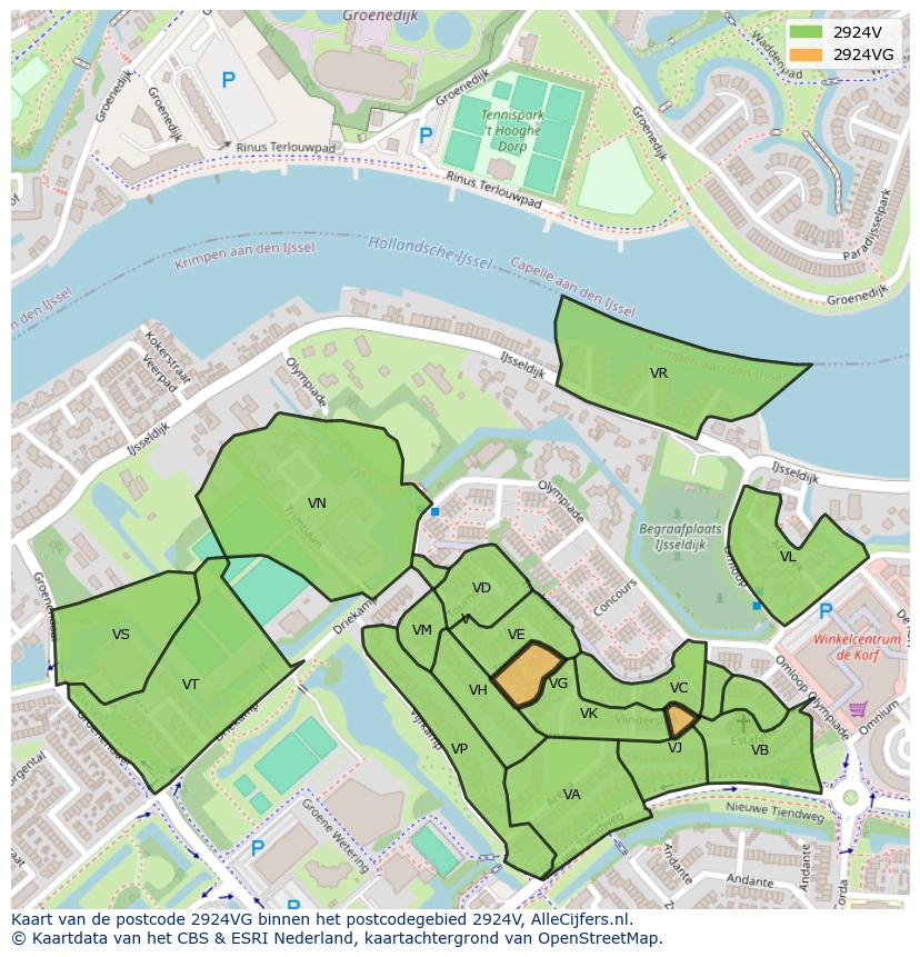 Afbeelding van het postcodegebied 2924 VG op de kaart.