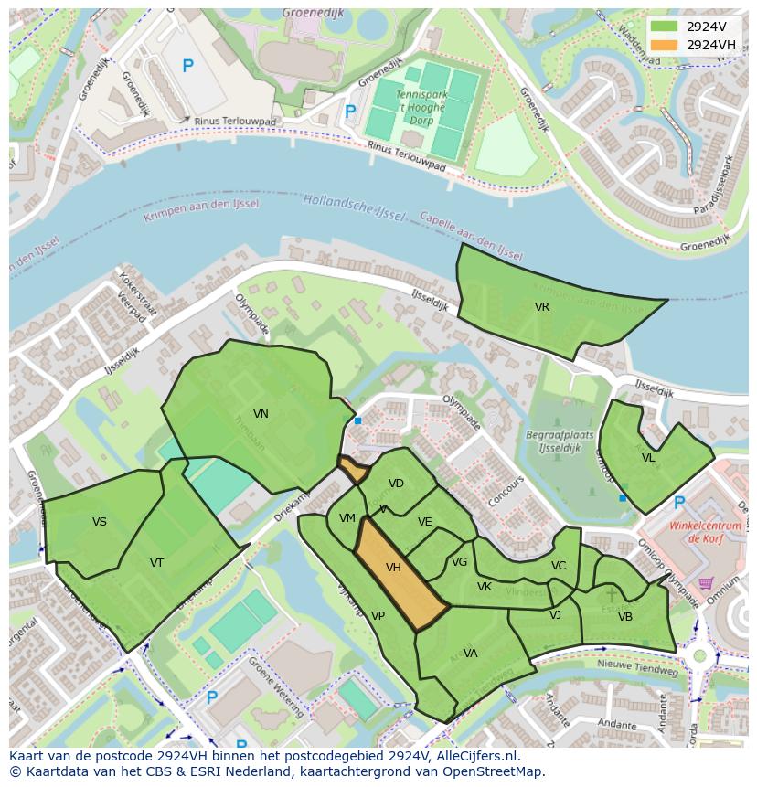 Afbeelding van het postcodegebied 2924 VH op de kaart.