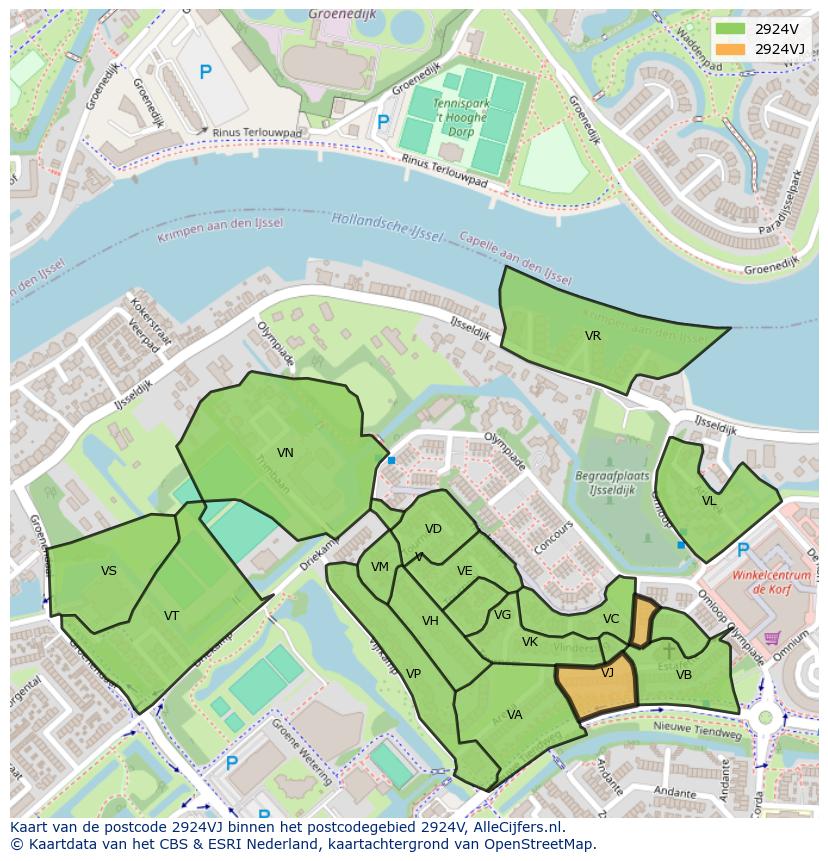 Afbeelding van het postcodegebied 2924 VJ op de kaart.