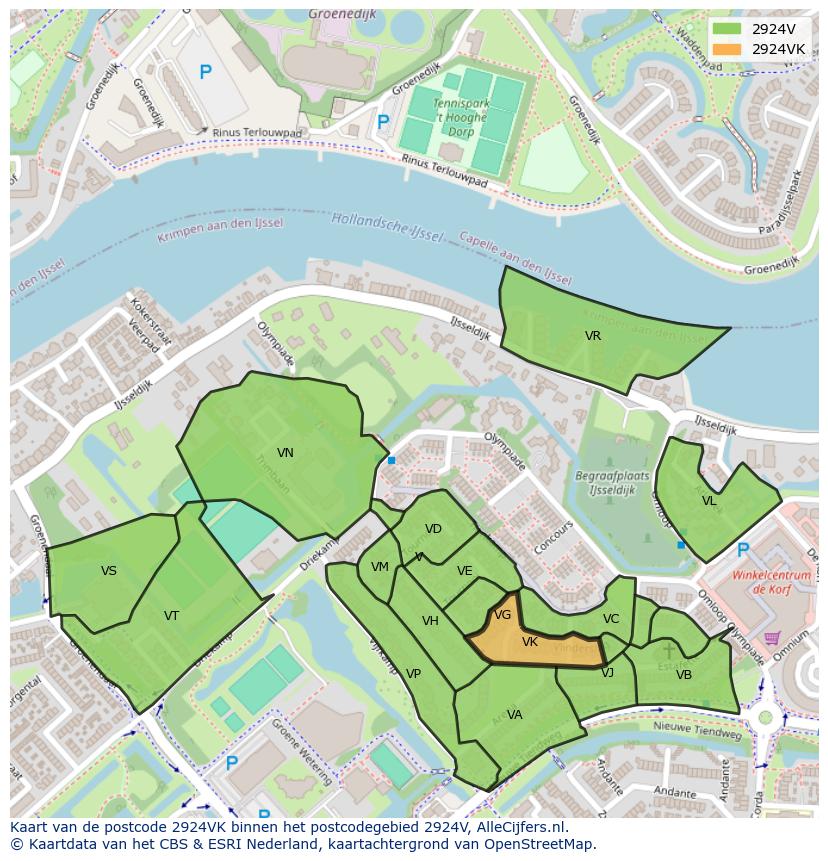 Afbeelding van het postcodegebied 2924 VK op de kaart.