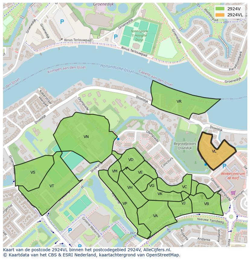 Afbeelding van het postcodegebied 2924 VL op de kaart.