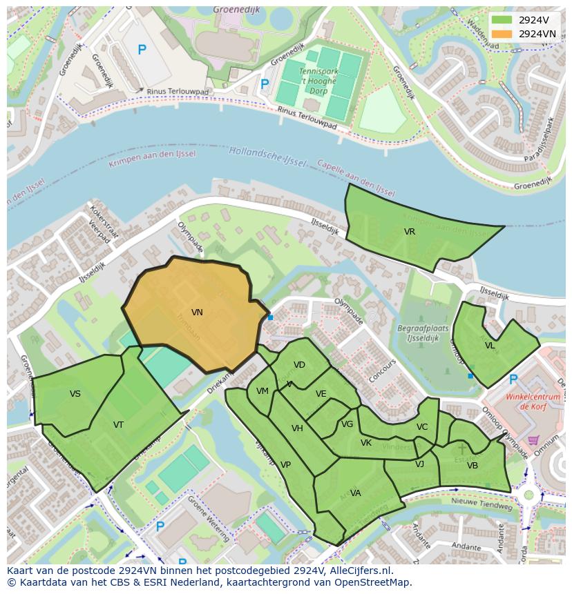 Afbeelding van het postcodegebied 2924 VN op de kaart.