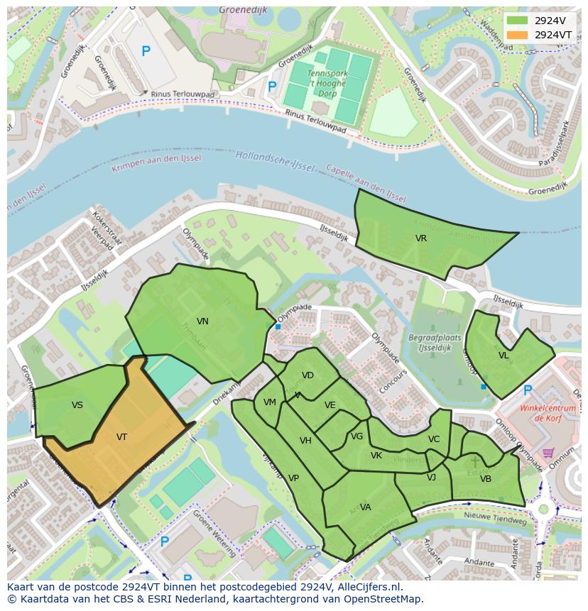 Afbeelding van het postcodegebied 2924 VT op de kaart.