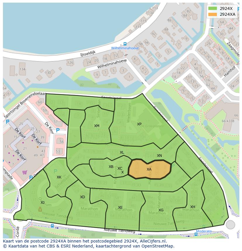 Afbeelding van het postcodegebied 2924 XA op de kaart.