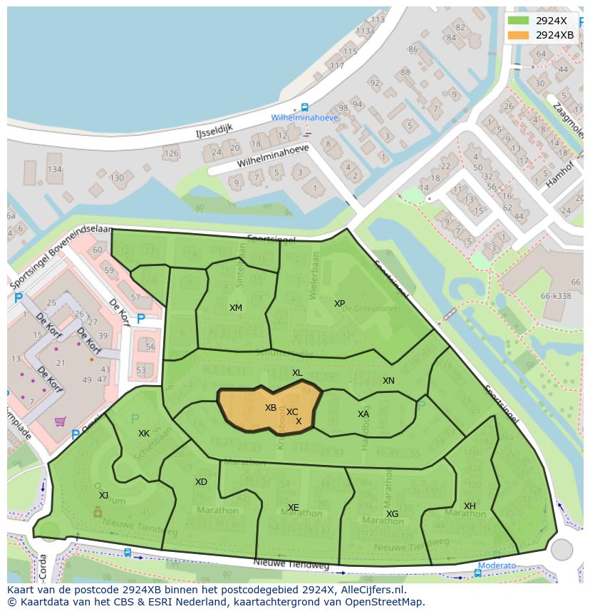 Afbeelding van het postcodegebied 2924 XB op de kaart.