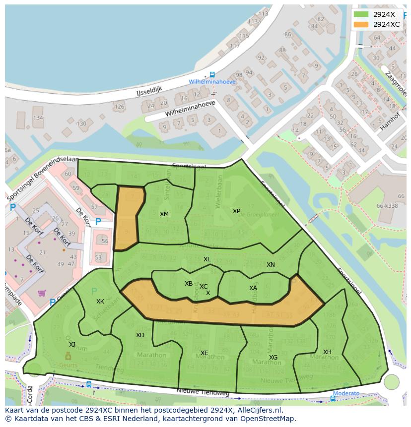 Afbeelding van het postcodegebied 2924 XC op de kaart.