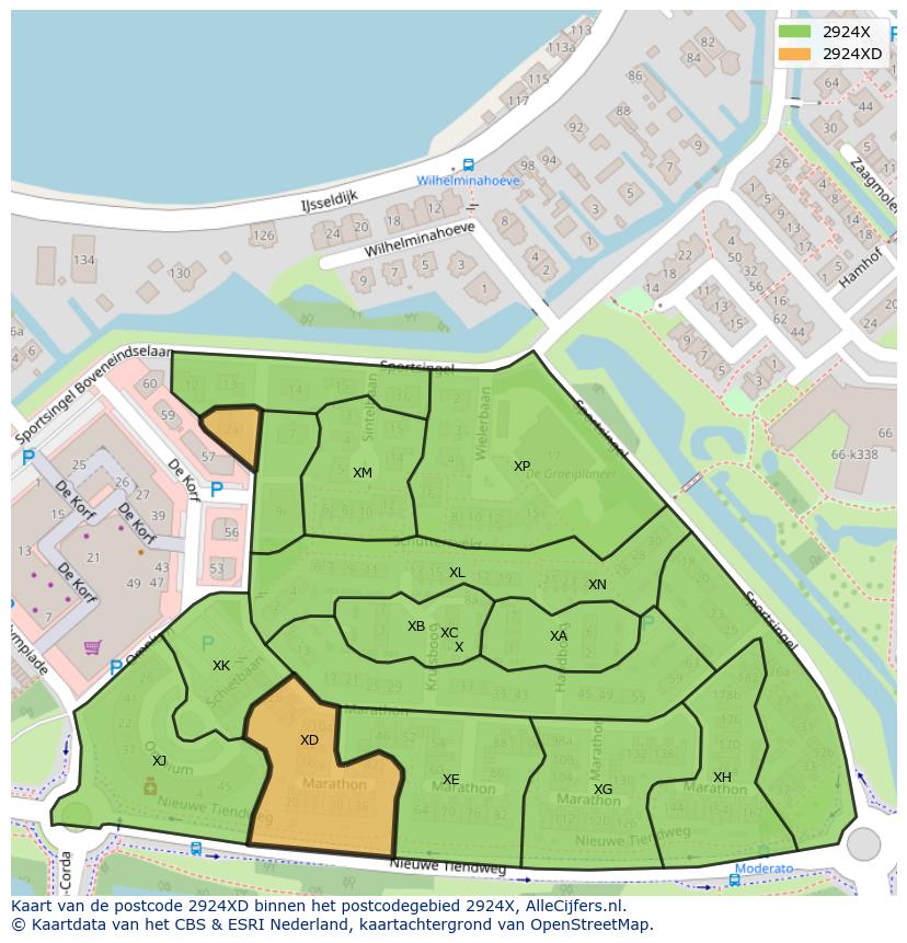 Afbeelding van het postcodegebied 2924 XD op de kaart.