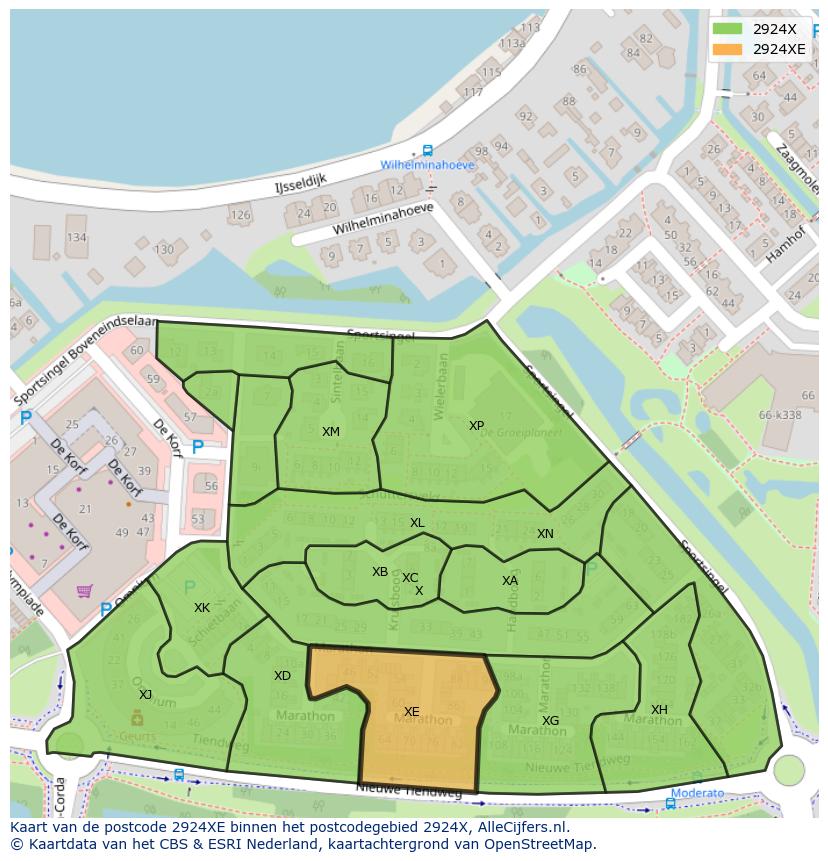 Afbeelding van het postcodegebied 2924 XE op de kaart.