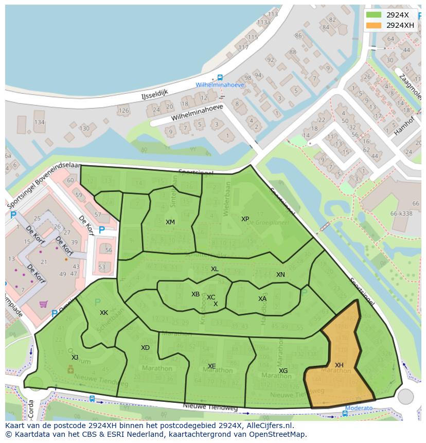 Afbeelding van het postcodegebied 2924 XH op de kaart.