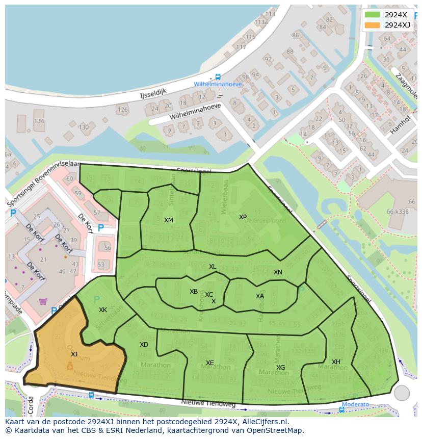 Afbeelding van het postcodegebied 2924 XJ op de kaart.