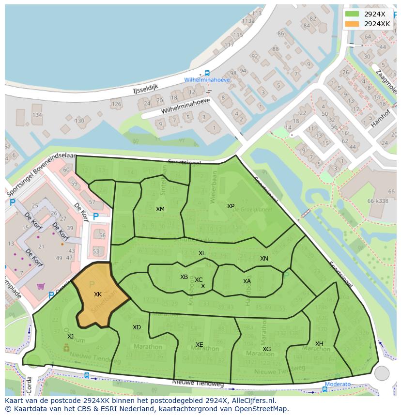 Afbeelding van het postcodegebied 2924 XK op de kaart.