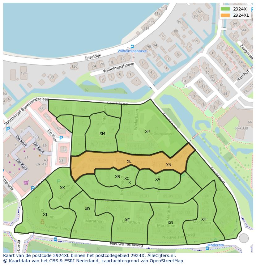 Afbeelding van het postcodegebied 2924 XL op de kaart.