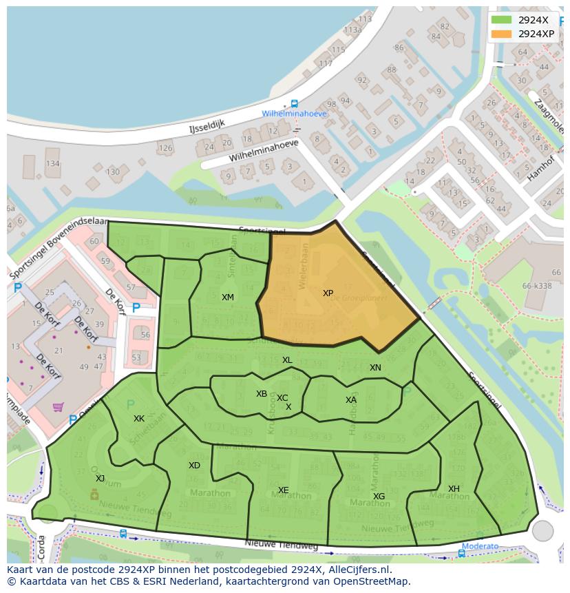 Afbeelding van het postcodegebied 2924 XP op de kaart.