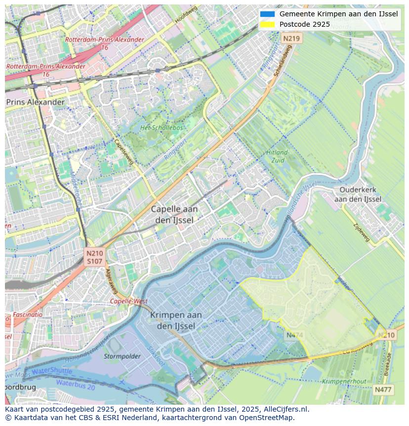 Afbeelding van het postcodegebied 2925 op de kaart.