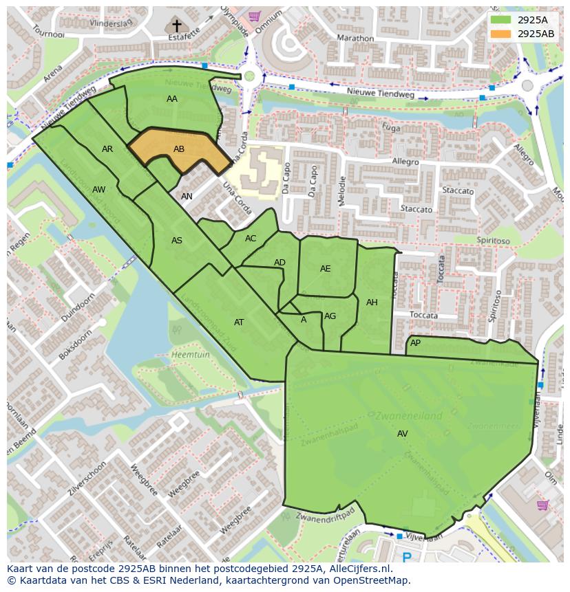 Afbeelding van het postcodegebied 2925 AB op de kaart.