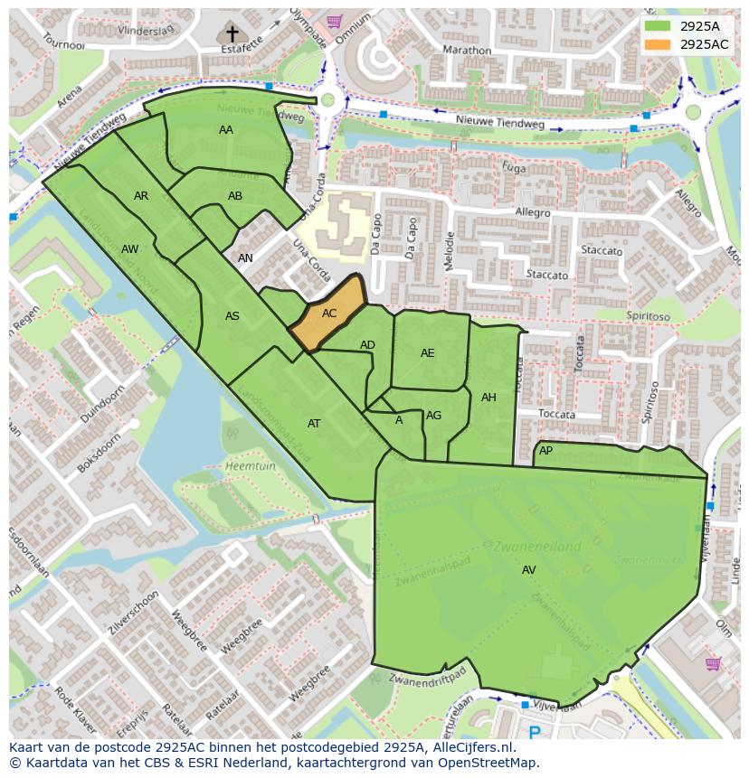 Afbeelding van het postcodegebied 2925 AC op de kaart.