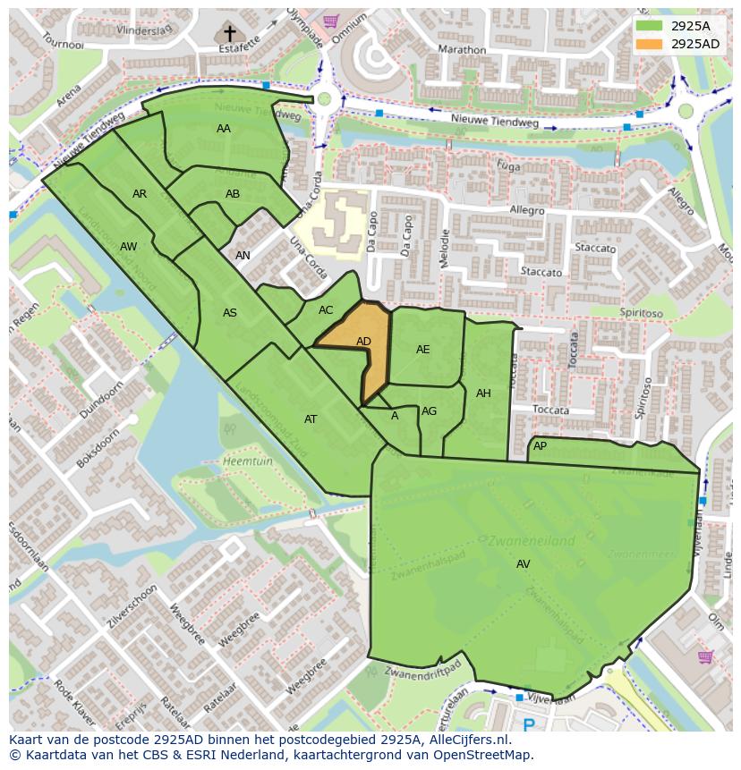 Afbeelding van het postcodegebied 2925 AD op de kaart.