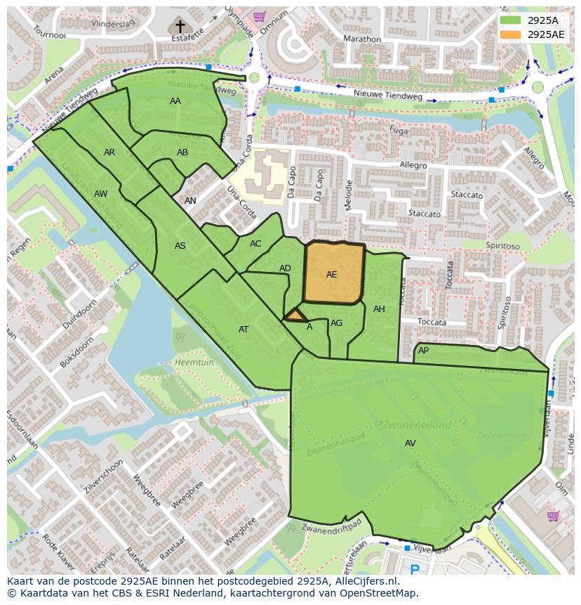 Afbeelding van het postcodegebied 2925 AE op de kaart.