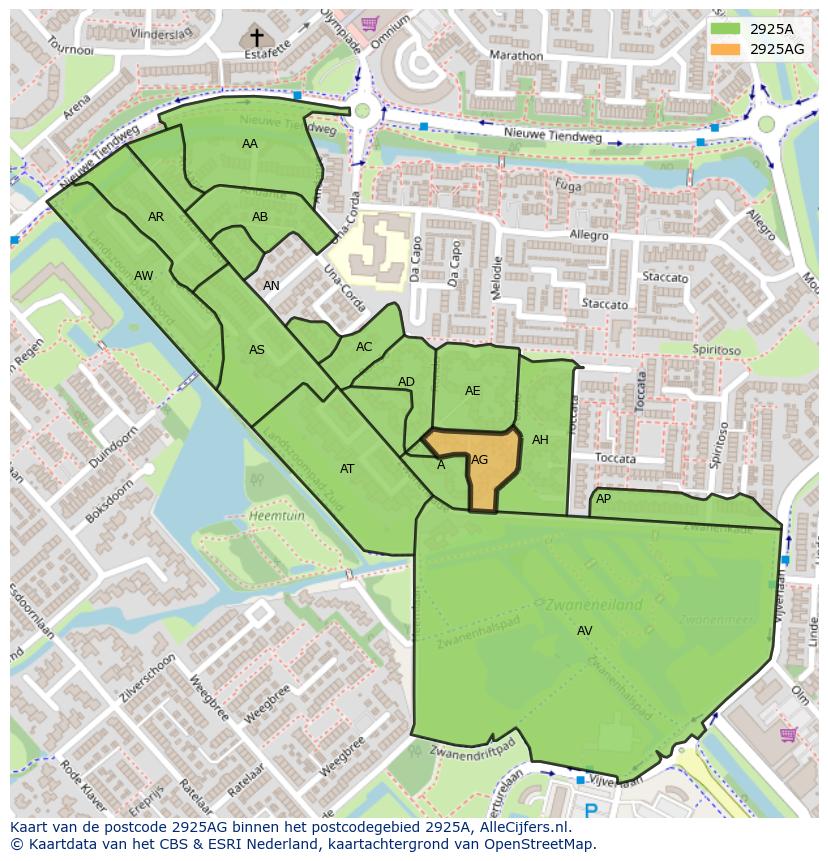 Afbeelding van het postcodegebied 2925 AG op de kaart.