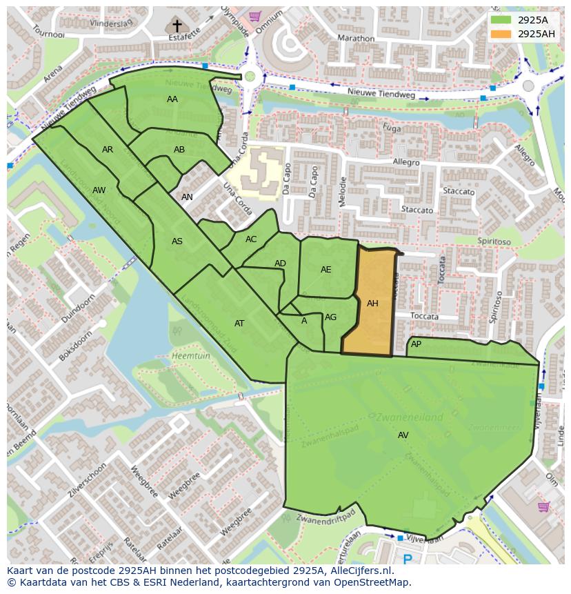 Afbeelding van het postcodegebied 2925 AH op de kaart.