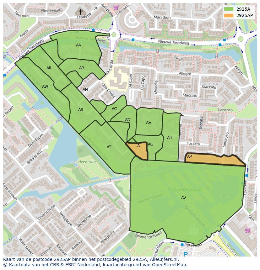 Afbeelding van het postcodegebied 2925 AP op de kaart.