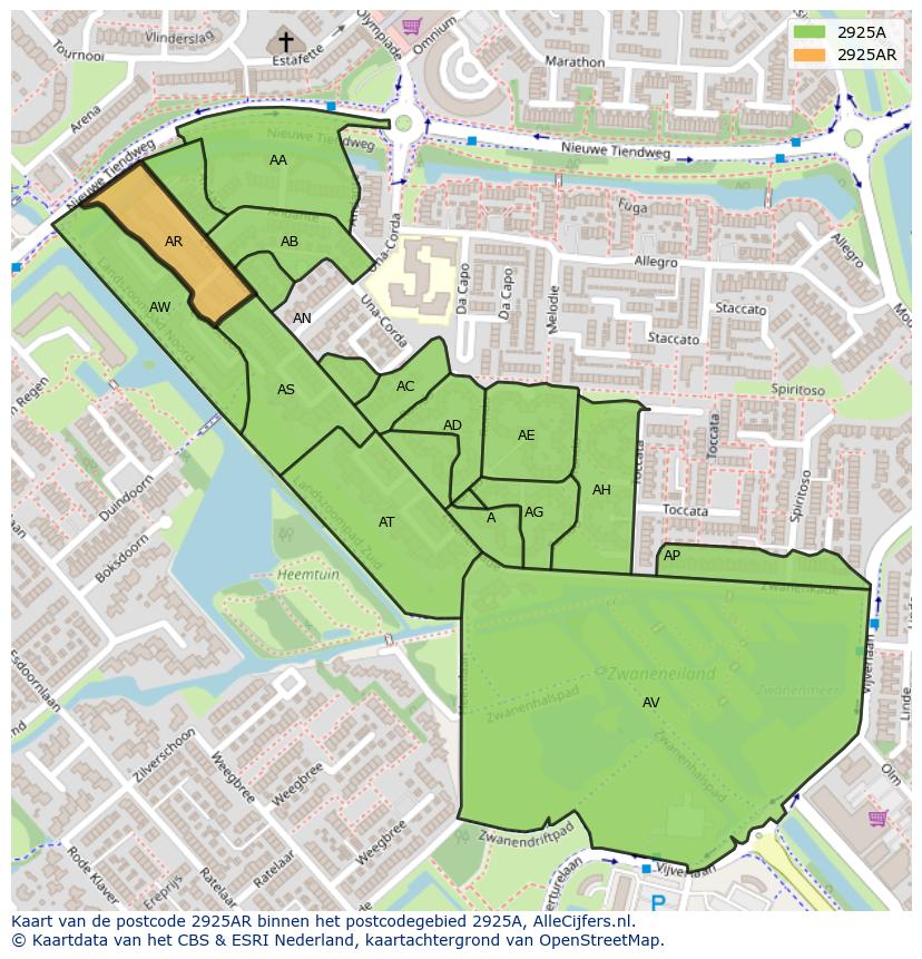 Afbeelding van het postcodegebied 2925 AR op de kaart.