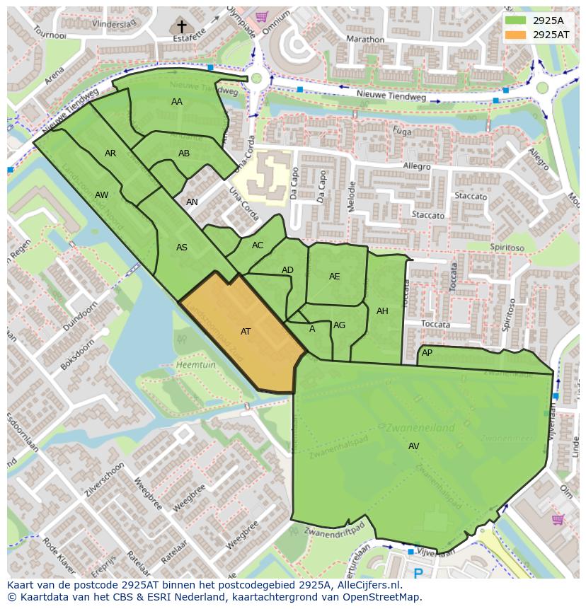 Afbeelding van het postcodegebied 2925 AT op de kaart.