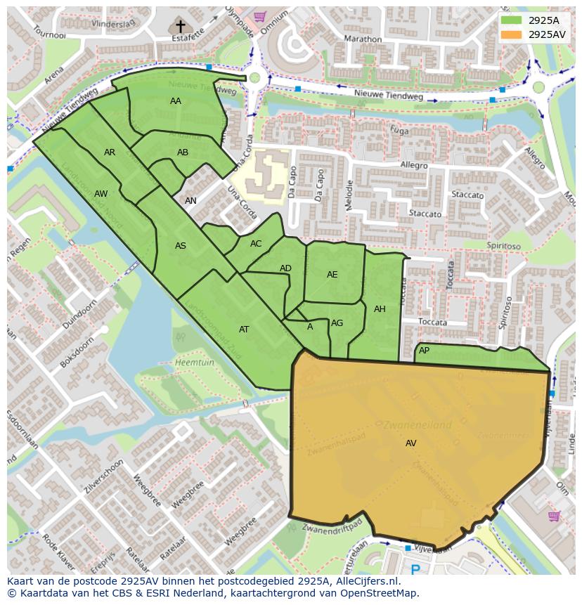 Afbeelding van het postcodegebied 2925 AV op de kaart.