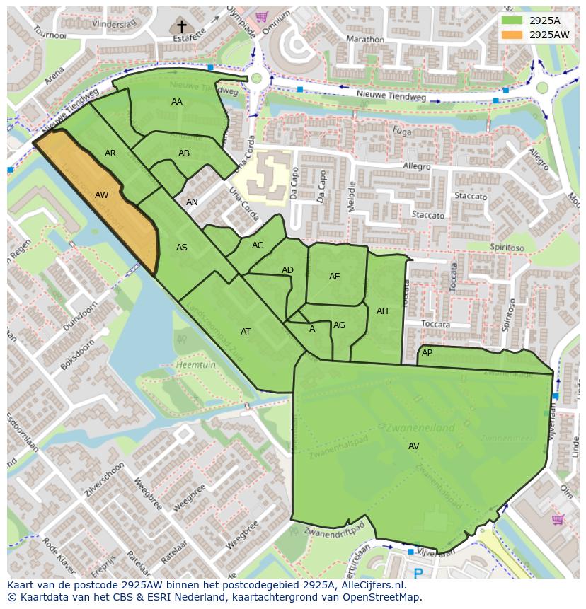 Afbeelding van het postcodegebied 2925 AW op de kaart.