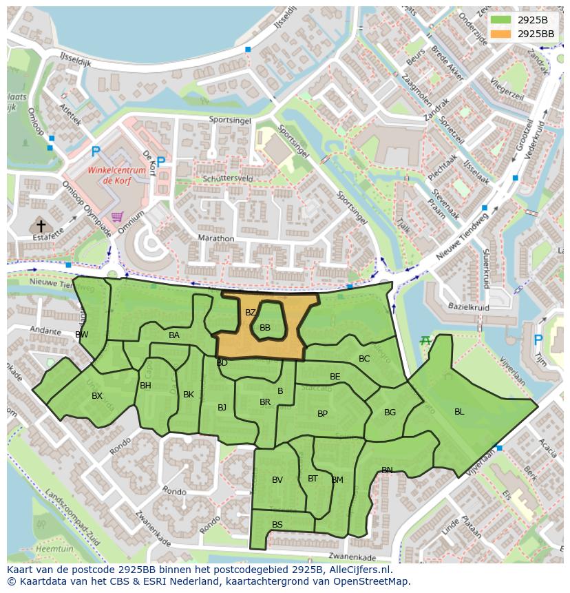 Afbeelding van het postcodegebied 2925 BB op de kaart.