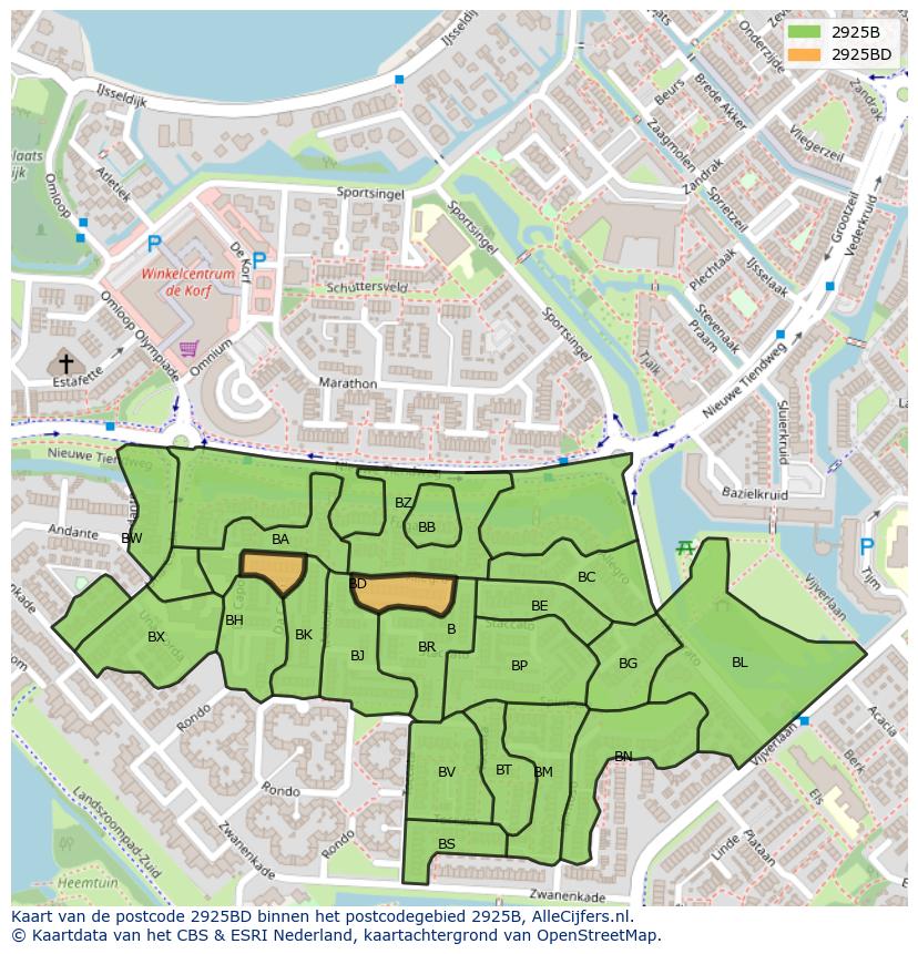 Afbeelding van het postcodegebied 2925 BD op de kaart.
