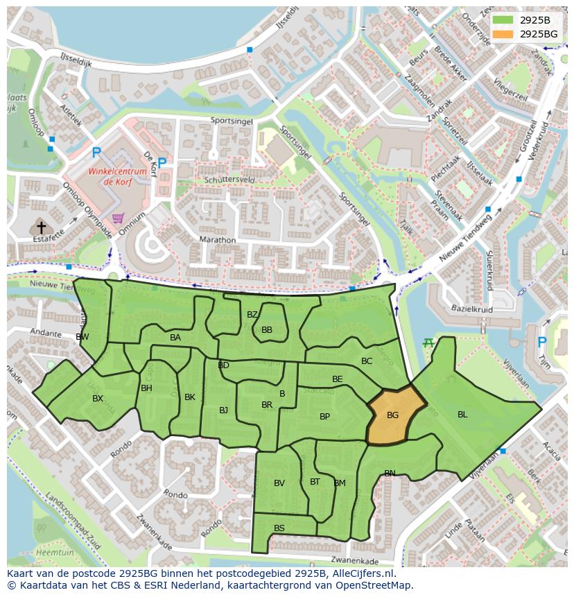 Afbeelding van het postcodegebied 2925 BG op de kaart.