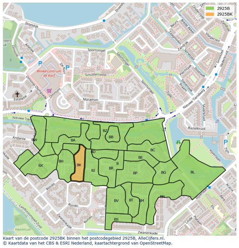 Afbeelding van het postcodegebied 2925 BK op de kaart.
