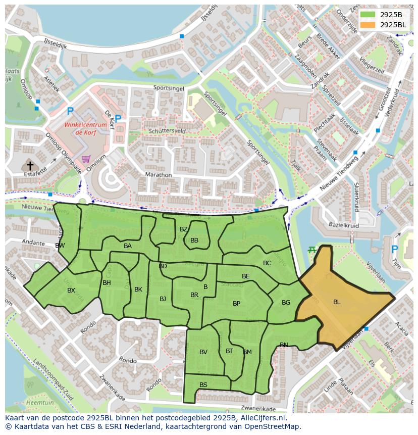 Afbeelding van het postcodegebied 2925 BL op de kaart.