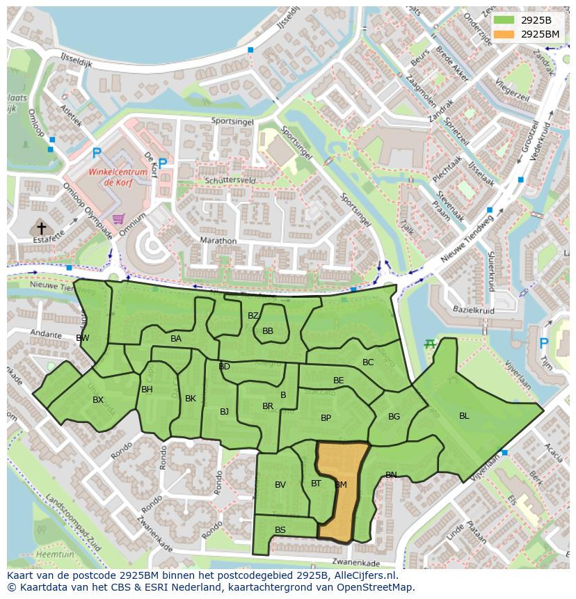 Afbeelding van het postcodegebied 2925 BM op de kaart.