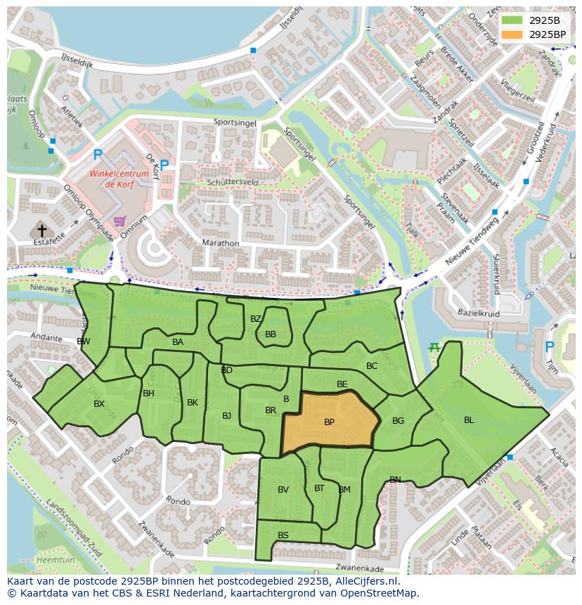 Afbeelding van het postcodegebied 2925 BP op de kaart.