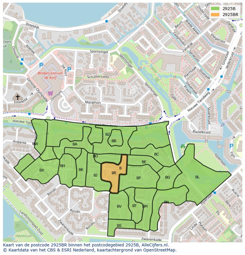 Afbeelding van het postcodegebied 2925 BR op de kaart.