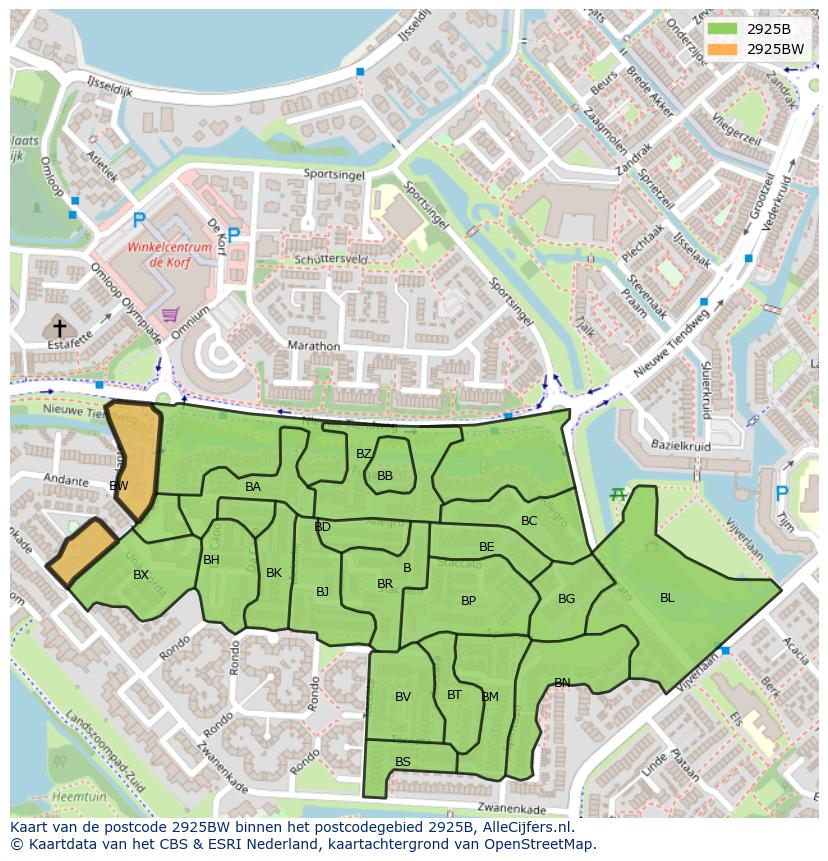Afbeelding van het postcodegebied 2925 BW op de kaart.