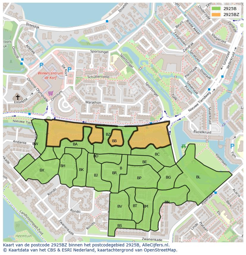 Afbeelding van het postcodegebied 2925 BZ op de kaart.