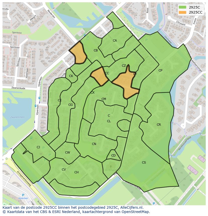 Afbeelding van het postcodegebied 2925 CC op de kaart.