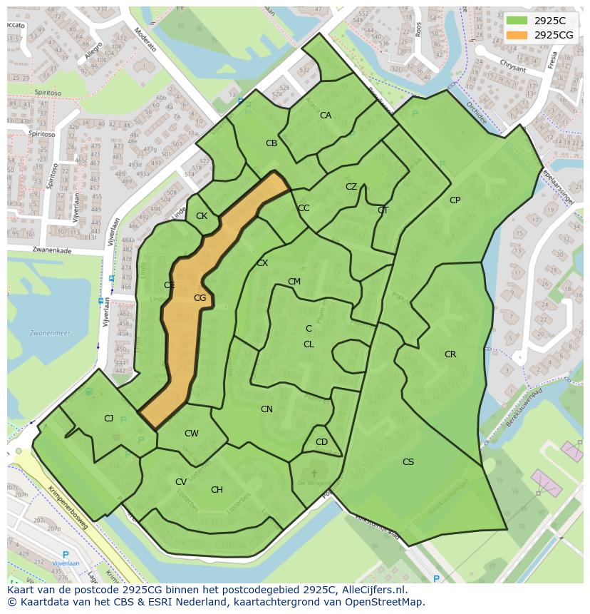Afbeelding van het postcodegebied 2925 CG op de kaart.