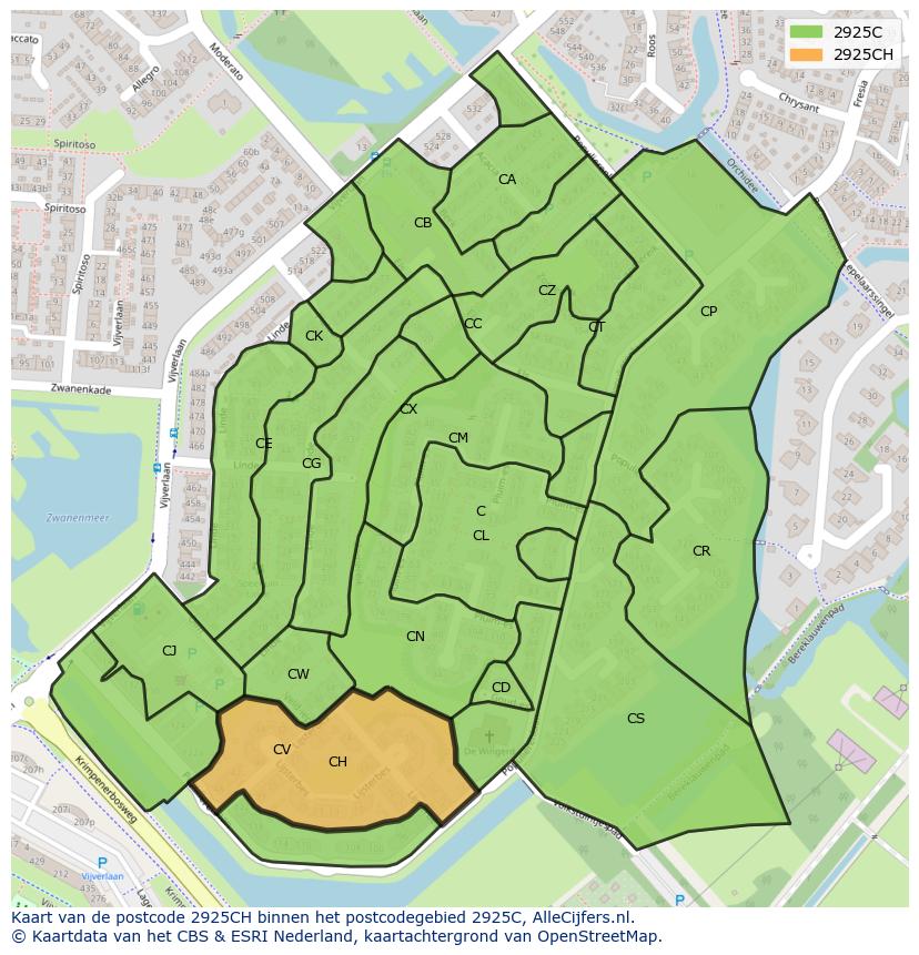 Afbeelding van het postcodegebied 2925 CH op de kaart.